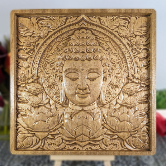 Buddha Face with Lotus Flowers – 3D Wood Carved Wall Art in Solid Beech – Lotus Relief – Made in USA