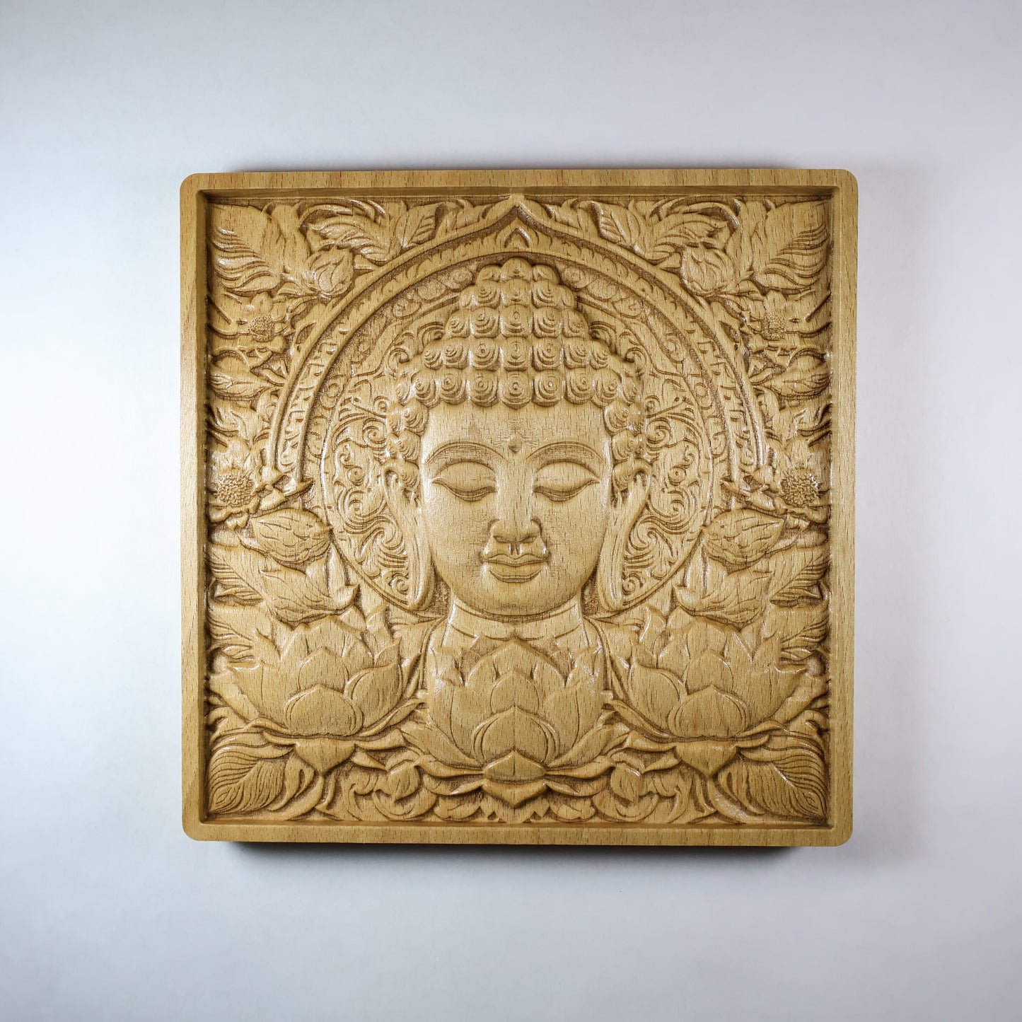 Buddha Face Lotus Wood Relief, Zen Floral Wall Art