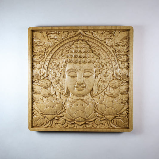 Buddha Face Lotus Wood Relief, Zen Floral Wall Art