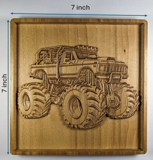 Monster Truck 3D Wooden Wall Art – Handmade Kids Room Decor – Beech Wood Carving – Made in USA