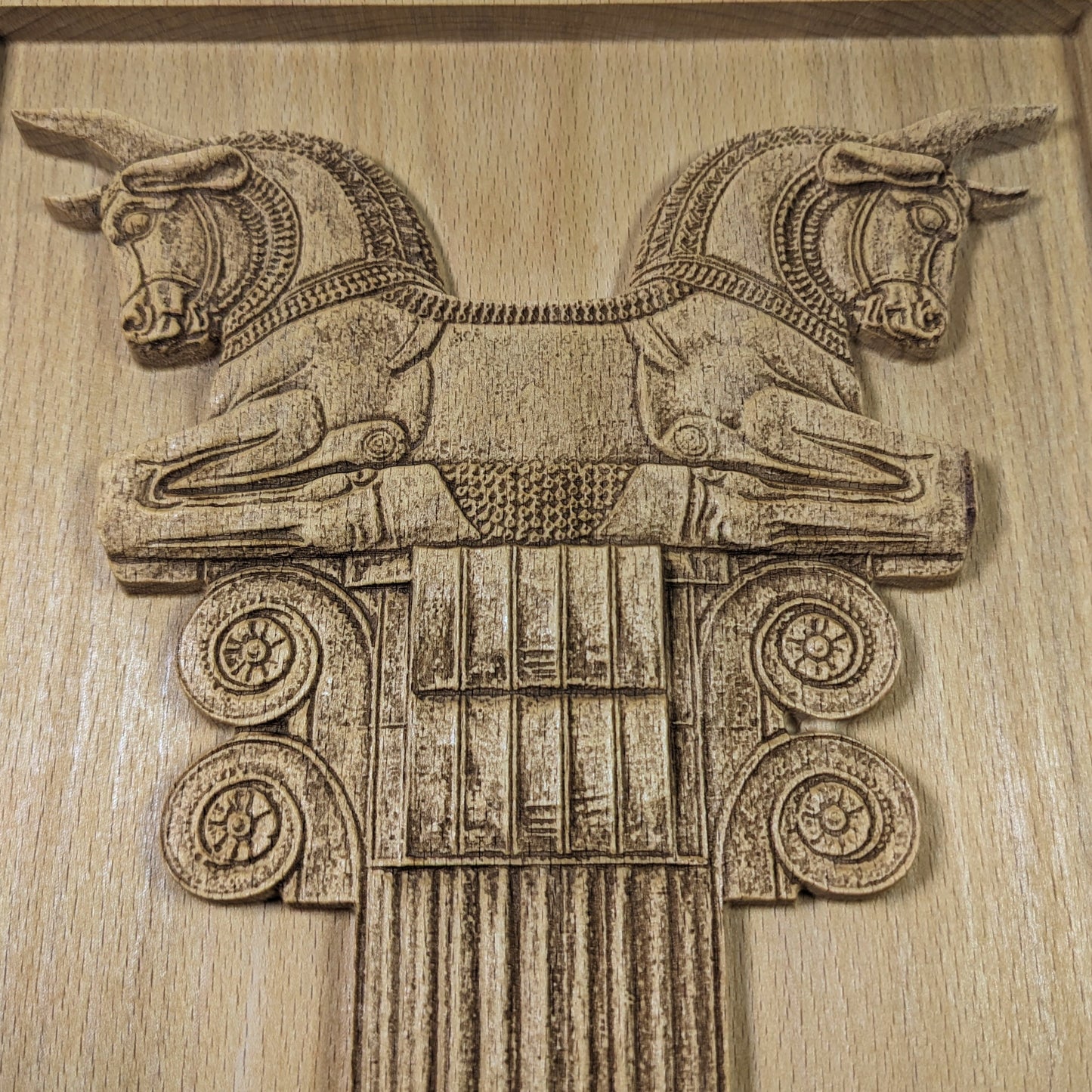 Achaemenid Double Bull Capital Wood Relief, Persepolis Persian Wall Art