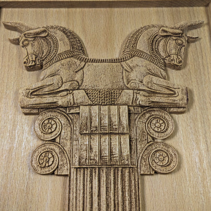 Achaemenid Double Bull Capital Wood Relief, Persepolis Persian Wall Art
