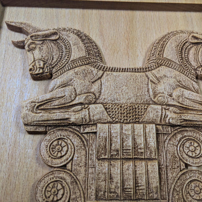 Achaemenid Double Bull Capital Wood Relief, Persepolis Persian Wall Art