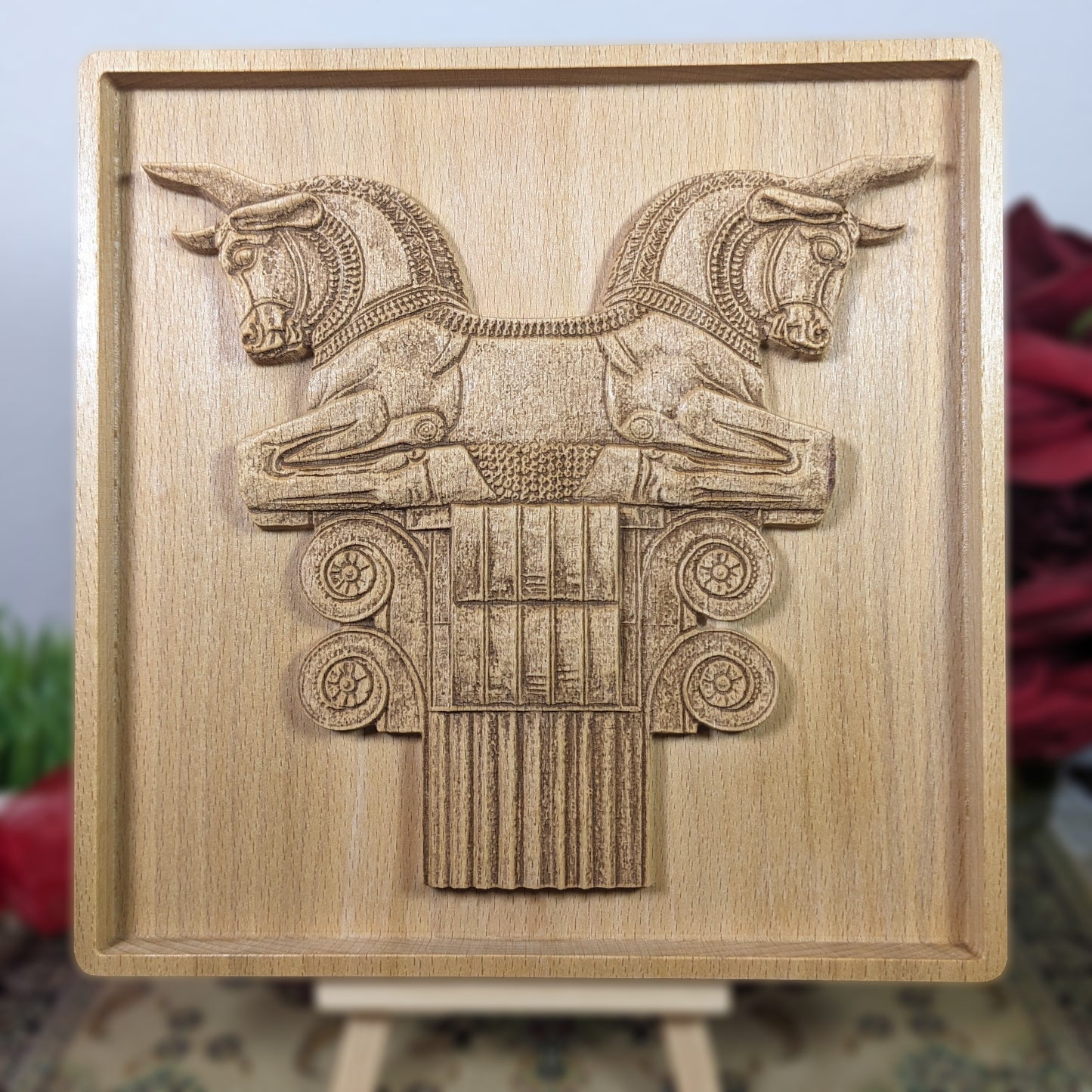 Achaemenid Double Bull Capital Wood Relief, Persepolis Persian Wall Art