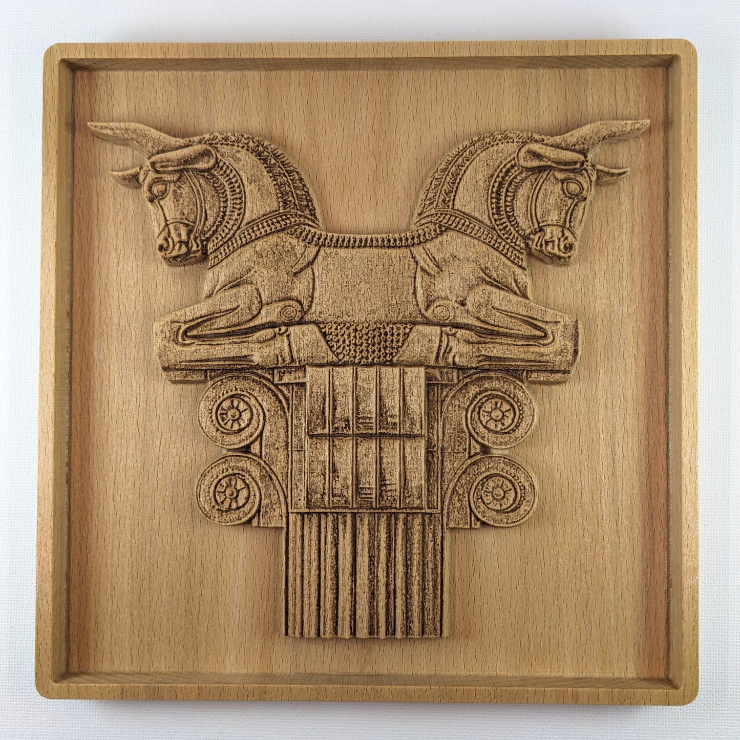Achaemenid Double Bull Capital Wood Relief, Persepolis Persian Wall Art