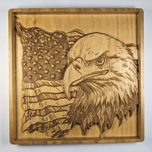 Bald Eagle and American Flag Wood Relief – National Emblem of Sovereignty, Handmade in USA
