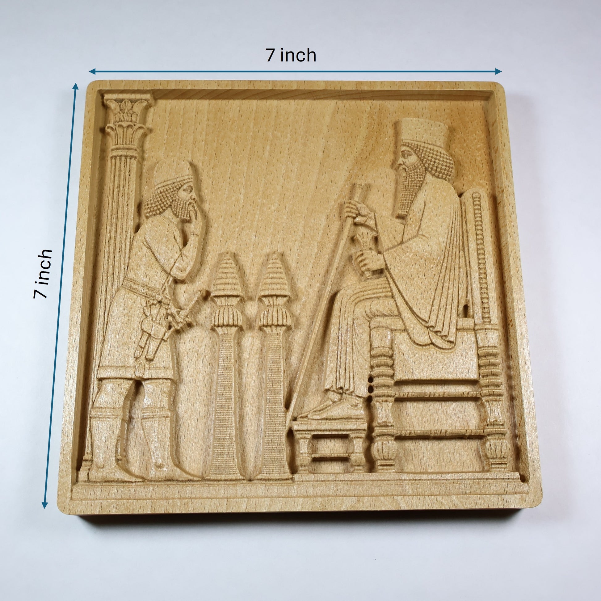 7 inch by 7 inch dimensions of Persepolis Royal Audience carved wood panel