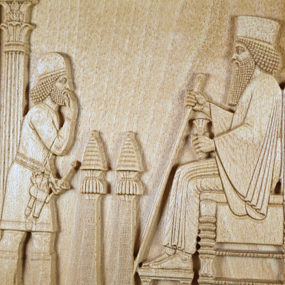 Tight detail of the Persepolis Royal Audience wood relief showing King Darius, a bearded attendant, ceremonial stands, throne staff, palace column, and carved beech wood texture.