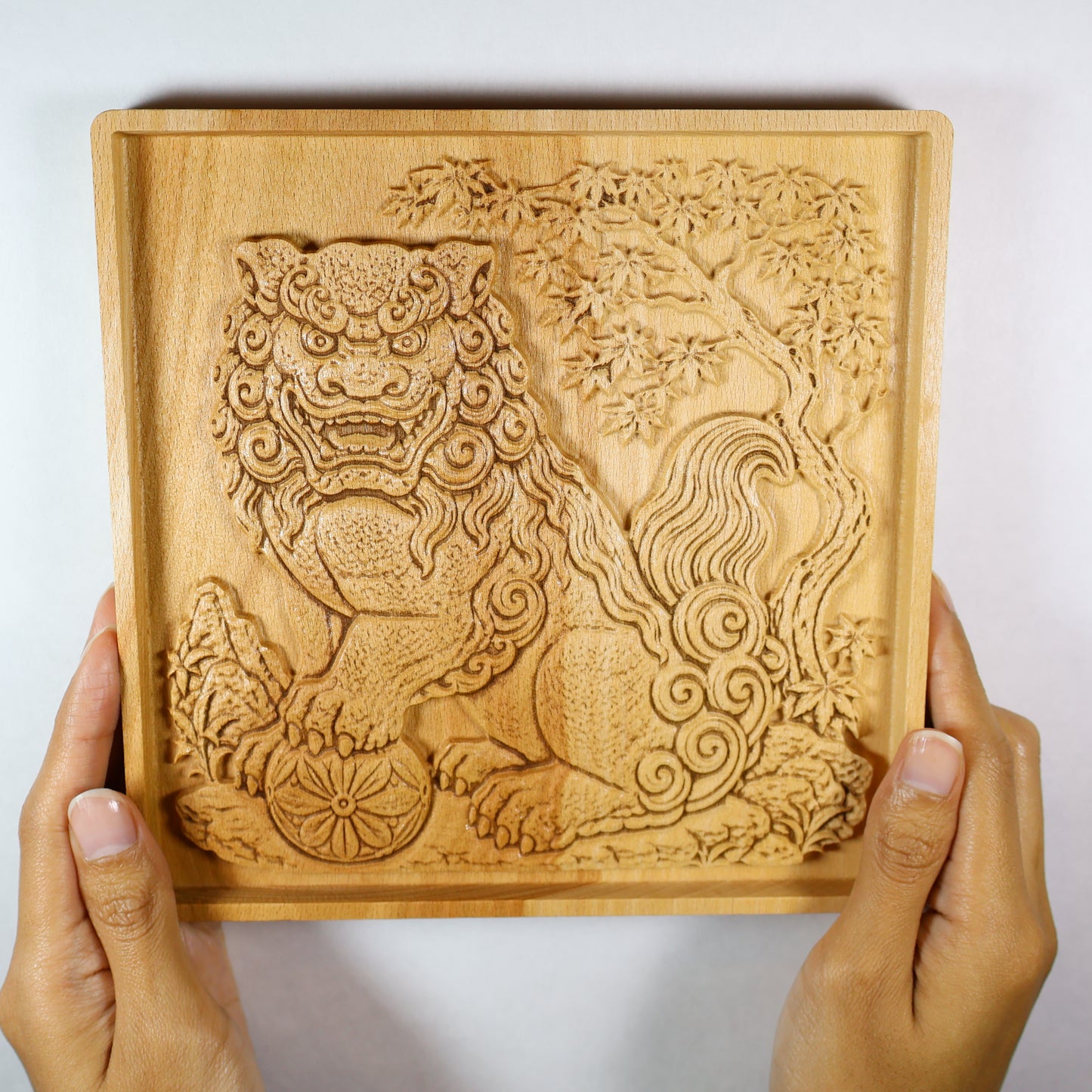 Komainu Wood Relief, Japanese Guardian Lion Dog Wall Art