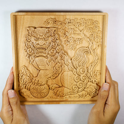 Komainu Wood Relief, Japanese Guardian Lion Dog Wall Art