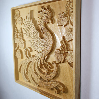 Side view of a Japanese Phoenix wood relief showing the panel thickness, raised carving depth, paulownia details, and polished wood edge.