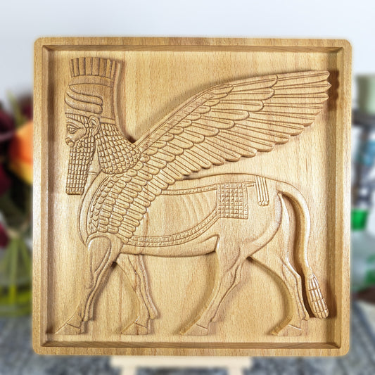 Lamassu Wall Art – Ancient Mesopotamian Winged Bull Guardian – 3D Wood Carving – Made in USA