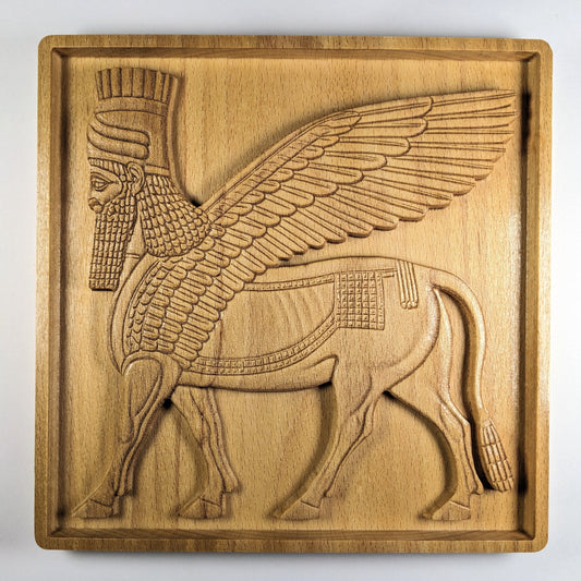 Lamassu Wood Relief, Assyrian Guardian Art, Ancient Winged Bull Wall Decor