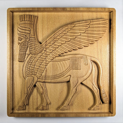 Assyrian Lamassu winged bull guardian with human head, CNC-carved solid beech wood bas relief, shellac finished, 3D carved wall art, ancient Mesopotamian home decor.