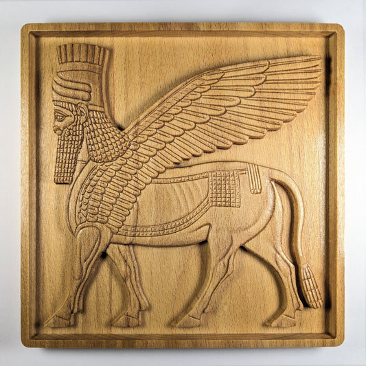 Lamassu Wood Relief, Assyrian Guardian Art, Ancient Winged Bull Wall Decor