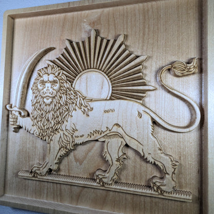 Angled side view of Lion and Sun (Shir va Khorshid) hard maple wood relief, showing carved 3D depth, raised lion body, curved saber, sunburst rays, and natural wood grain texture, Persian wall art