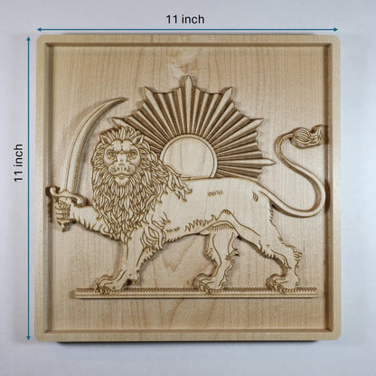 11 by 11 inch Lion and Sun wood relief size guide showing the crowned lion, sword, radiant sun, and solid hard maple panel.