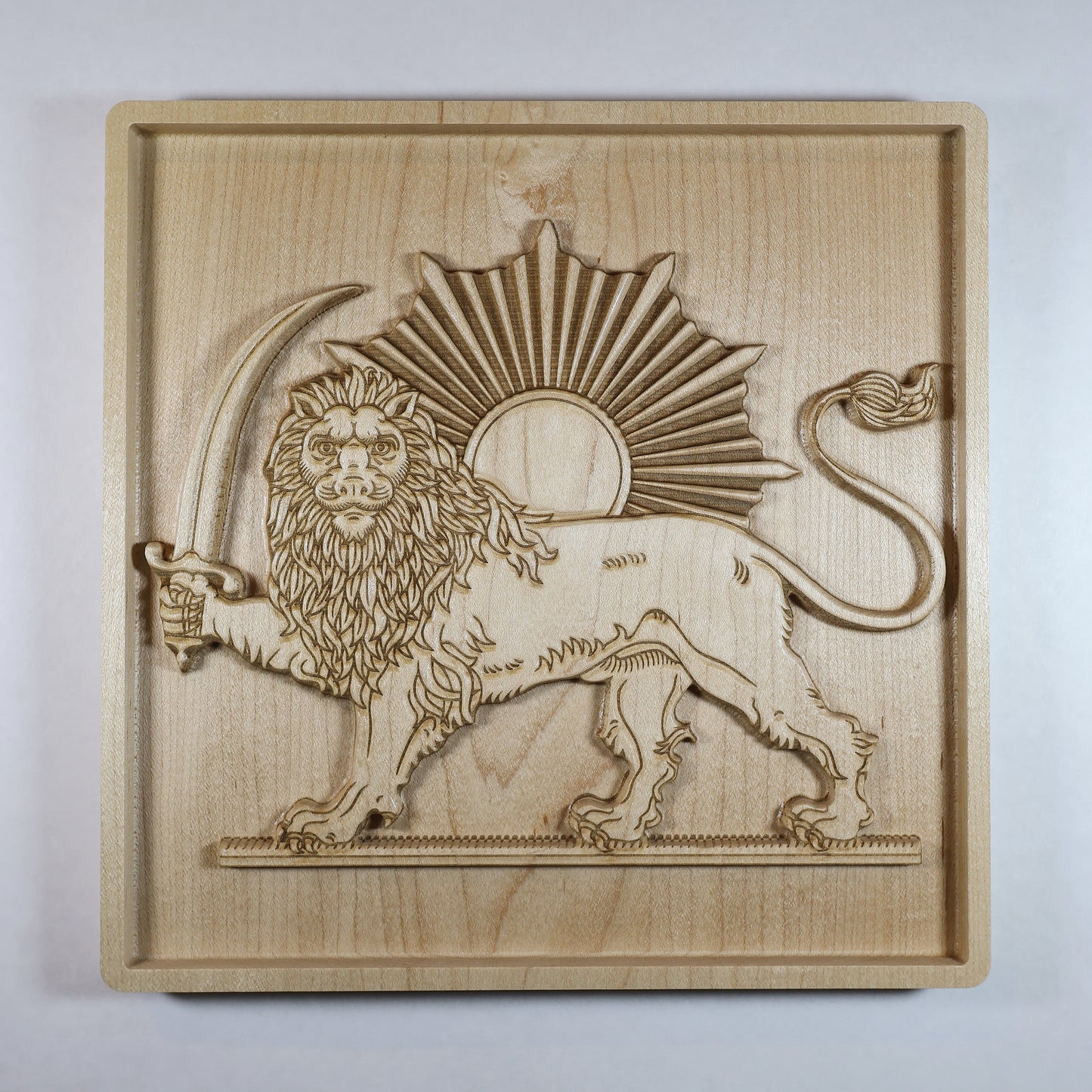 Hand-carved hard maple wood relief of the Lion and Sun (Shir va Khorshid), Persian imperial symbol, 11 inch CNC-carved and laser-detailed 3D wall art