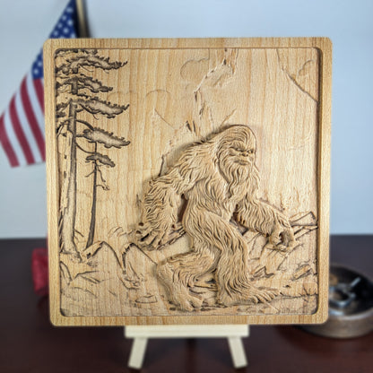Bigfoot 3D Wood Wall Art – Rustic Beech Relief – Nature Decor – Made in USA – Personalized