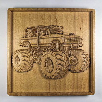 Monster Truck 3D Wooden Wall Art – Handmade Kids Room Decor – Beech Wood Carving – Made in USA