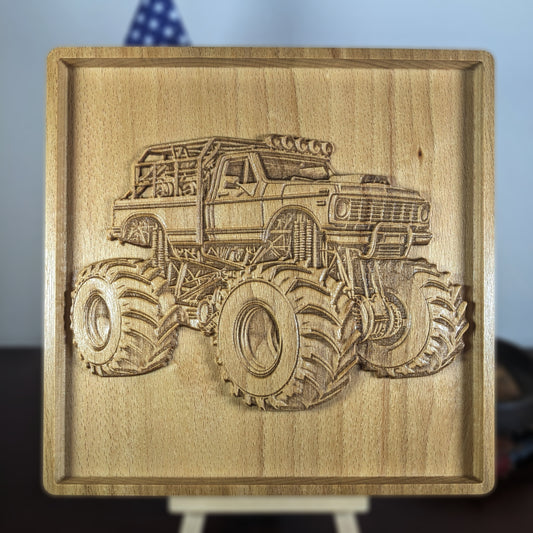 Monster Truck 3D Wooden Wall Art – Handmade Kids Room Decor – Beech Wood Carving – Made in USA