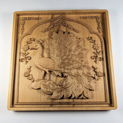 Persian Peacock 3D Wooden Wall Art – Handmade Beech Relief with Floral Frame Design – Made in USA