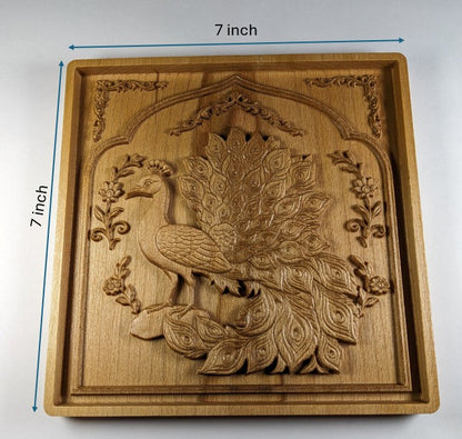 Persian Peacock 3D Wooden Wall Art – Handmade Beech Relief with Floral Frame Design – Made in USA