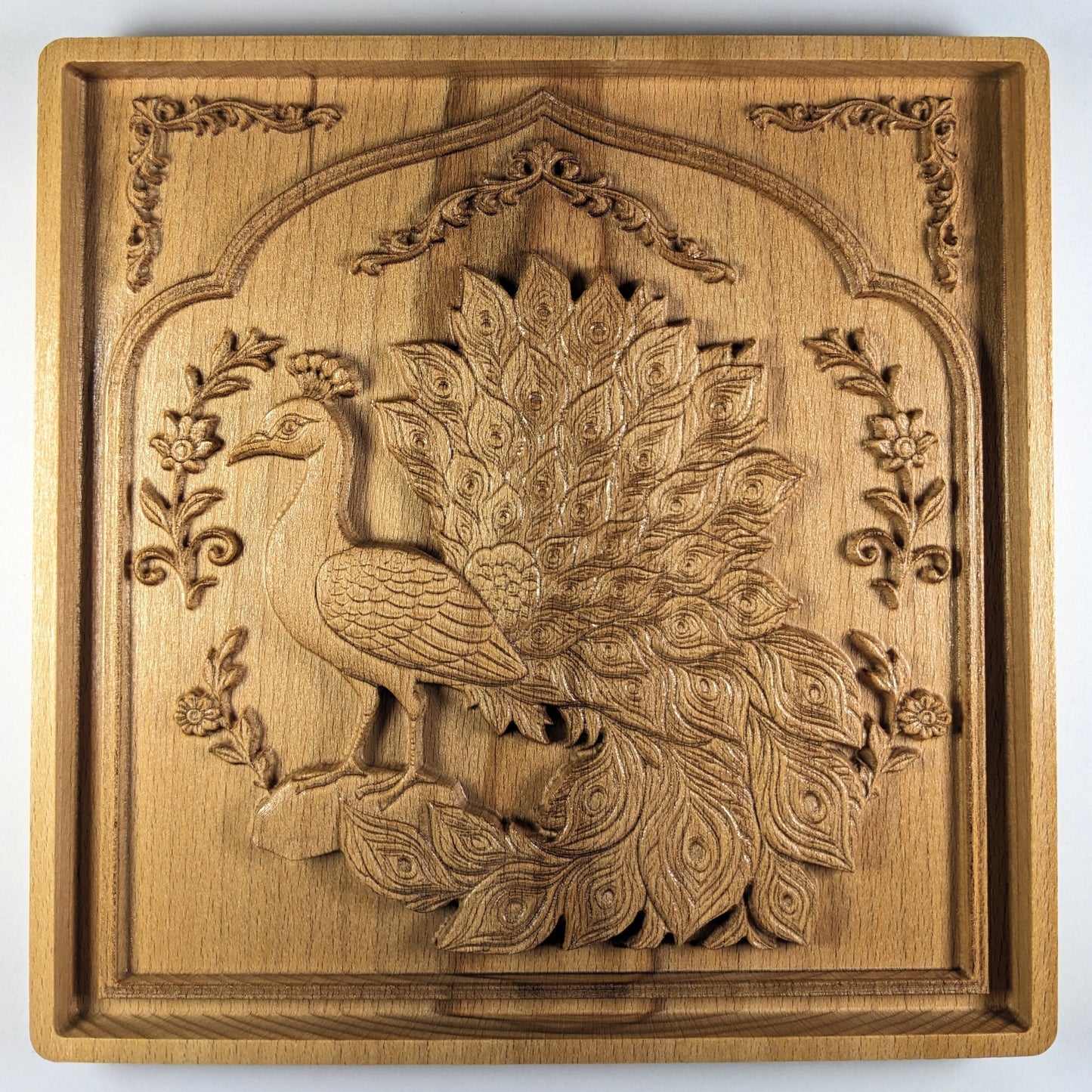 Persian Peacock 3D Wooden Wall Art – Handmade Beech Relief with Floral Frame Design – Made in USA