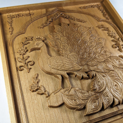 Persian Peacock 3D Wooden Wall Art – Handmade Beech Relief with Floral Frame Design – Made in USA