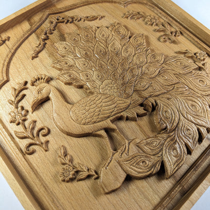 Persian Peacock 3D Wooden Wall Art – Handmade Beech Relief with Floral Frame Design – Made in USA