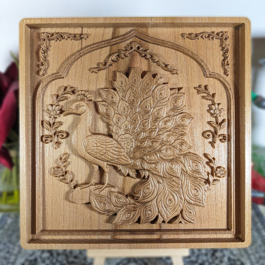 Persian Peacock 3D Wooden Wall Art – Handmade Beech Relief with Floral Frame Design – Made in USA