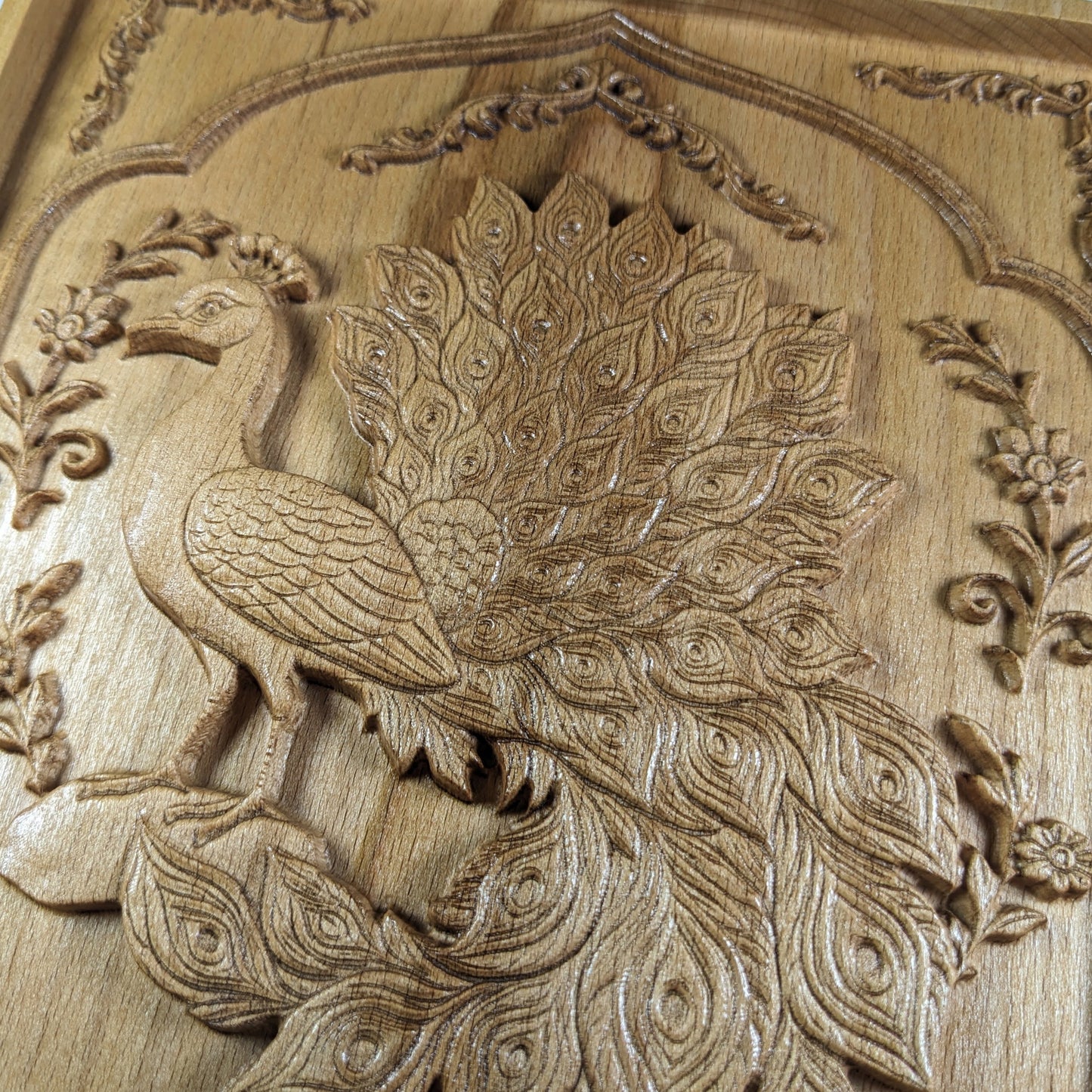 Persian Peacock 3D Wooden Wall Art – Handmade Beech Relief with Floral Frame Design – Made in USA