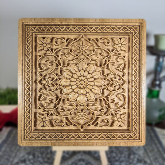 Persian Rug Medallion – 3D Wood Carved Wall Art in Beech - Floral Square Relief - Made in USA