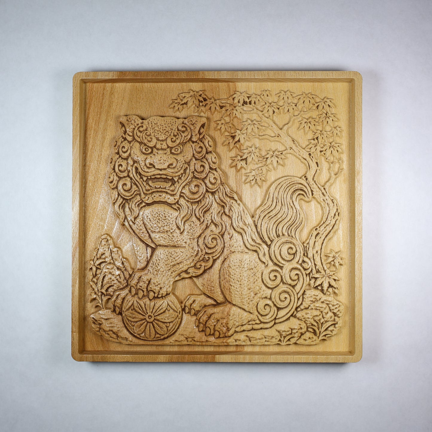 Komainu Wood Relief, Japanese Guardian Lion Dog Wall Art