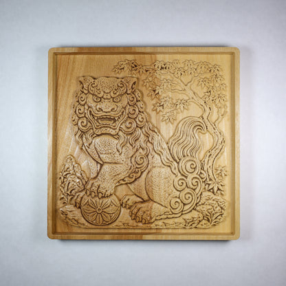 Komainu Wood Relief, Japanese Guardian Lion Dog Wall Art