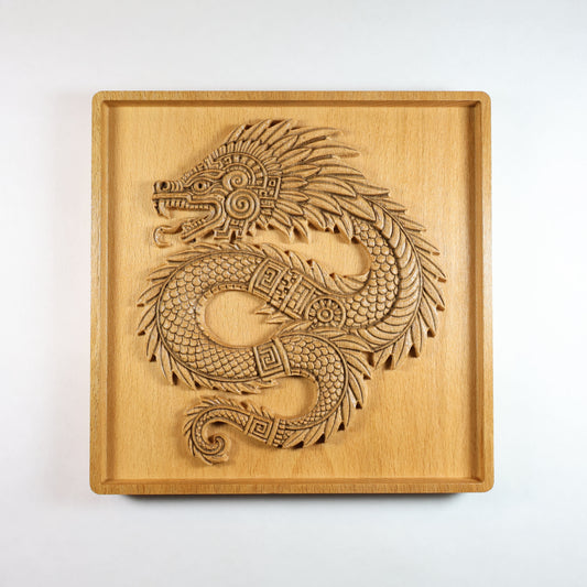 Front view of Quetzalcoatl beech wood wall art, 7 inch carved relief panel showing coiled feathered serpent, Aztec mythology home decor, handcrafted 3D wood plaque