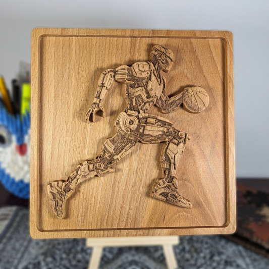 Futuristic Robot Basketball 3D Wood Wall Art – Handmade Sci-Fi Decor – Beech Wood Gift – Made in USA