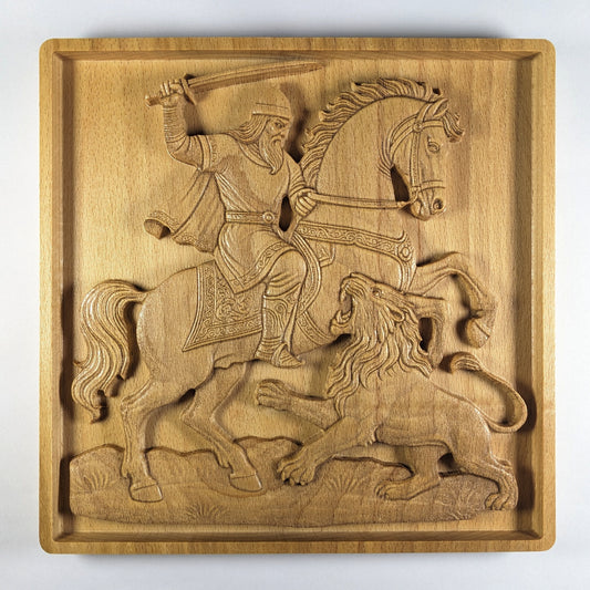 Rostam and Lion Wood Relief, Persian Epic Art, Shahnameh Carved Wall Decor