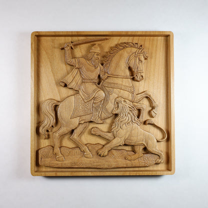 Rostam and Lion Wood Relief, Persian Epic Art, Shahnameh Carved Wall Decor