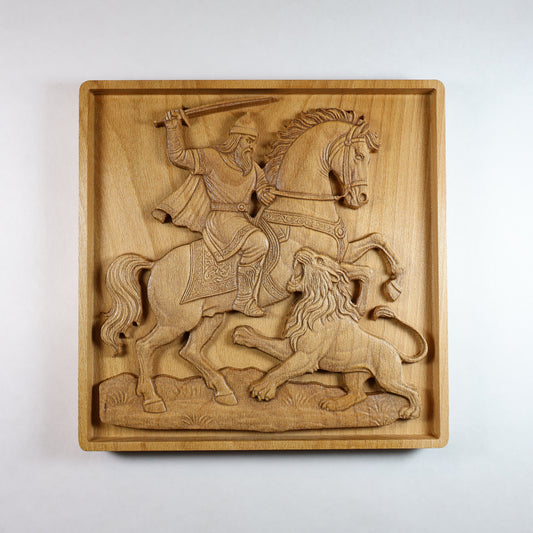Rostam and Lion Wood Relief, Persian Epic Art, Shahnameh Carved Wall Decor