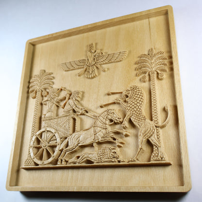 Three-quarter view of the Darius wood relief showing the royal archer, charioteer, horses, lion, palm trees, and raised carving.