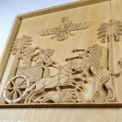 Dynamic angled view of the Persian lion hunt showing running horses, a charging lion, a fallen lion, and carved chariot details.