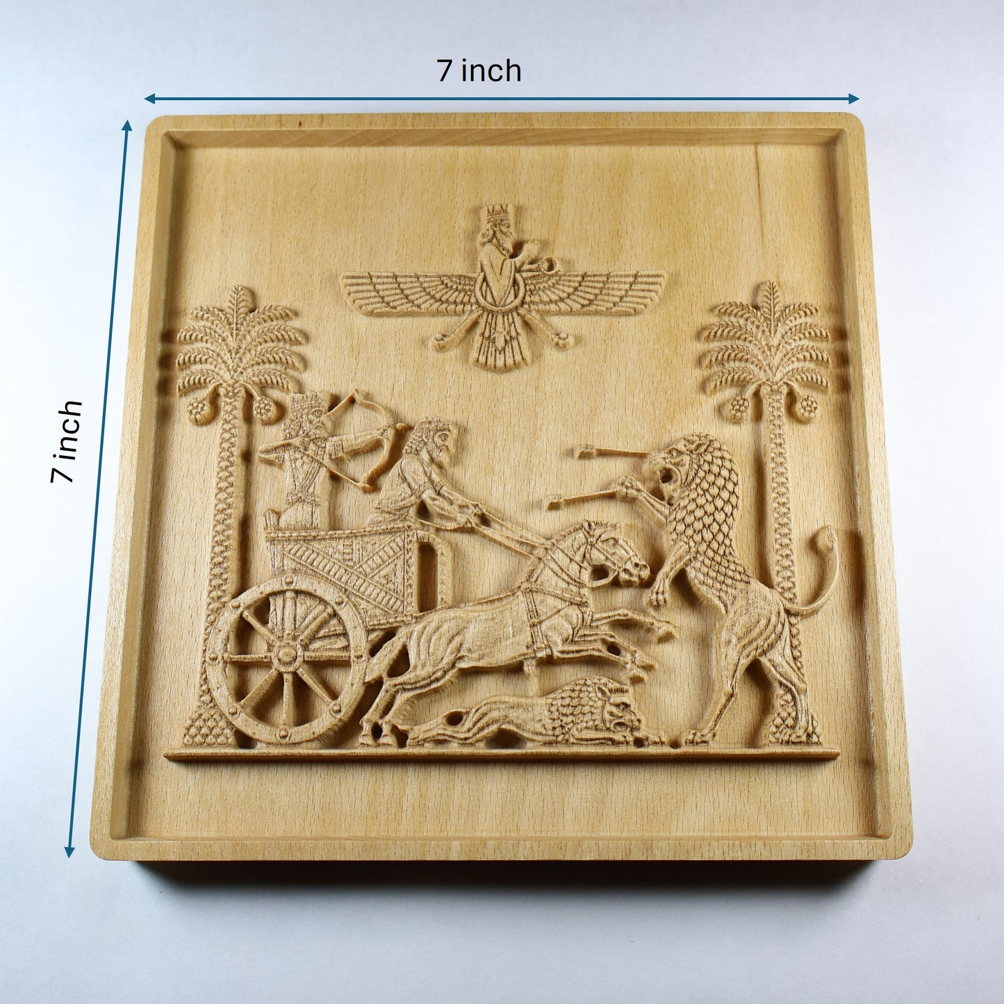 Royal Seal of Darius relief with 7 inch width and height markers, showing the chariot hunt, horses, lions, palm trees, and natural wood finish.