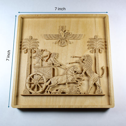 Royal Seal of Darius relief with 7 inch width and height markers, showing the chariot hunt, horses, lions, palm trees, and natural wood finish.