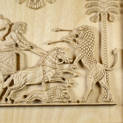 Macro detail of the Darius relief showing the lion’s mane, galloping horses, fallen lion, reins, and raised wood-carving texture.