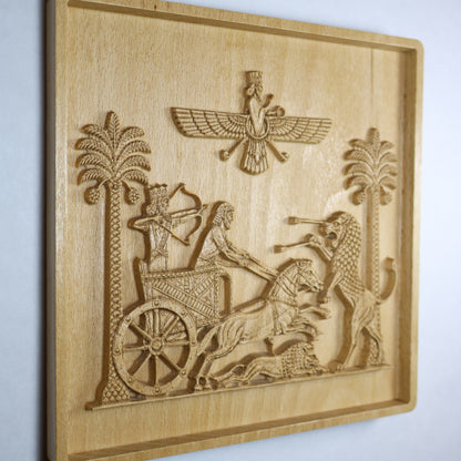 Side view of the Darius wood relief showing the panel edge, raised carving depth, chariot, horses, lion, and recessed frame.