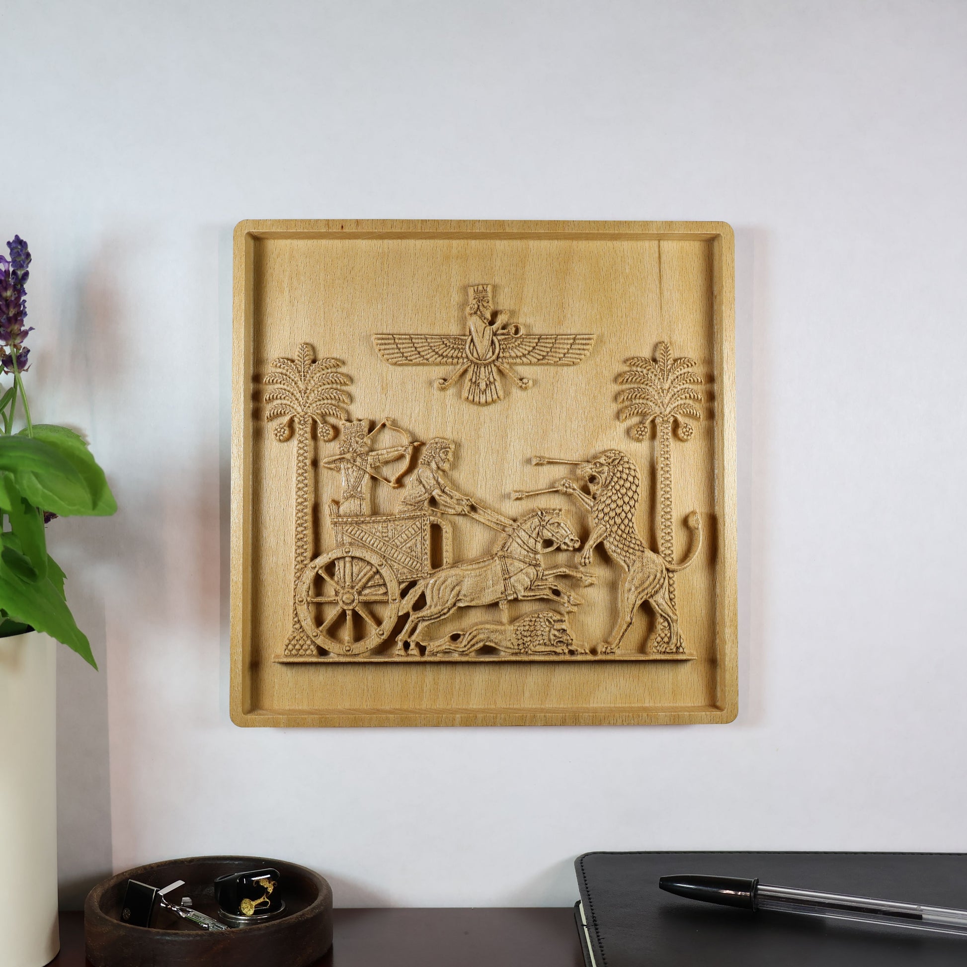 Royal Seal of Darius wood relief displayed on a wall above a shelf, showing how the ancient Persian scene looks in a modern room.