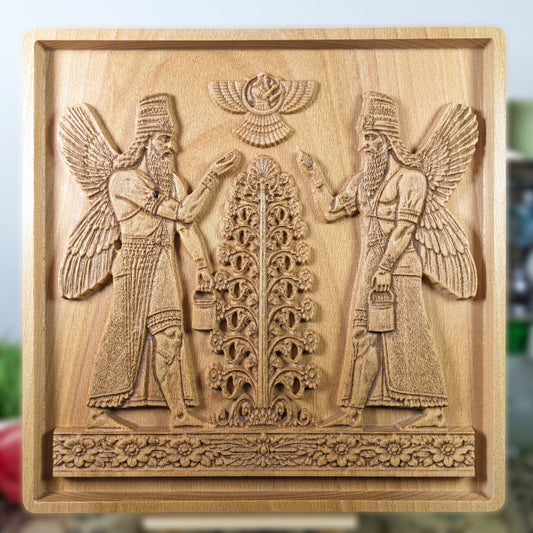 Assyrian Sacred Tree Wood Relief, Apkallu Guardian Symbol, Ancient Mesopotamian Wall Art
