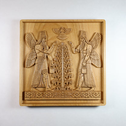 Front view of Assyrian Sacred Tree wood relief with mirrored Apkallu guardian figures, winged sages flanking central tree, Ashur winged disc above, CNC-carved solid beech wood, 7x7 inch Mesopotamian wall art