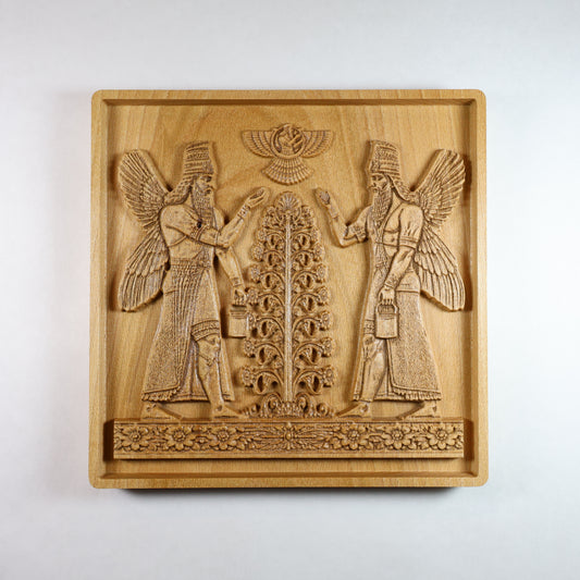 Front view of Assyrian Sacred Tree wood relief with mirrored Apkallu guardian figures, winged sages flanking central tree, Ashur winged disc above, CNC-carved solid beech wood, 7x7 inch Mesopotamian wall art